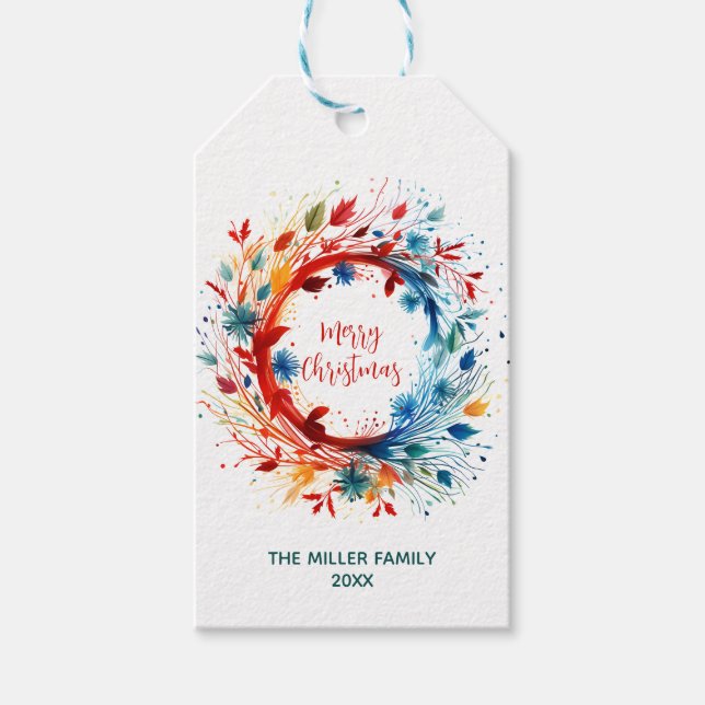 Étiquettes-cadeau Aquarelle vive Joyeuse couronne de Noël (Devant)