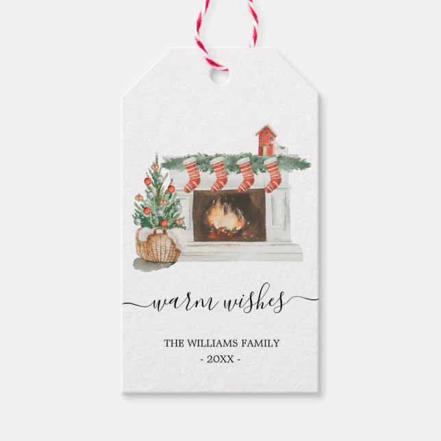 Étiquettes-cadeau Aquarelle voeux chauds cheminée Noël (Devant)