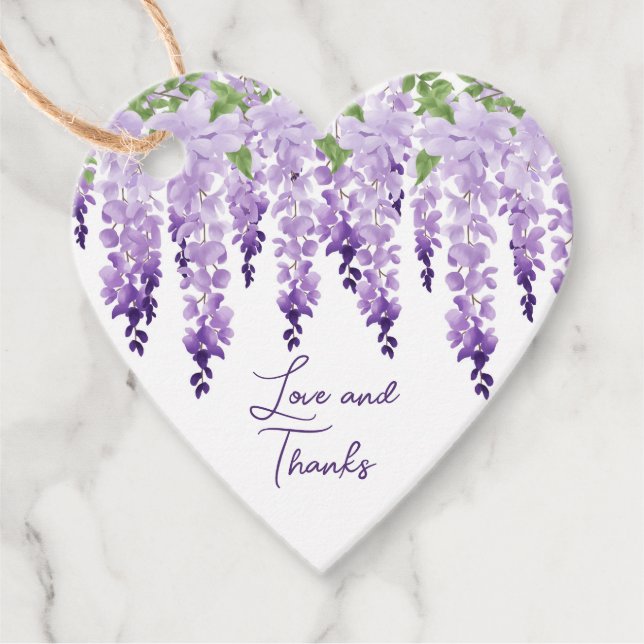 Étiquettes Cadeau Aquarelle Wisteria Mariage Love And Thanks Script (Devant)