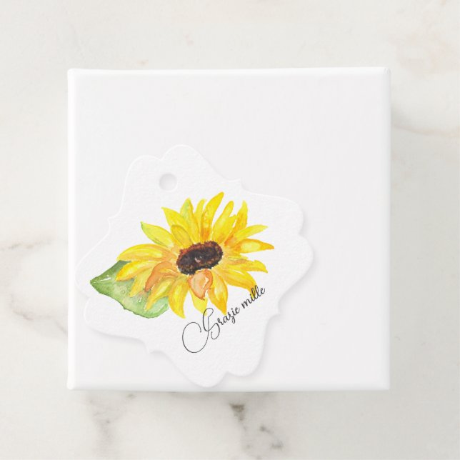 Étiquettes Cadeau Aquarelle Yellow Sunflower Grazie Mille (En situation)