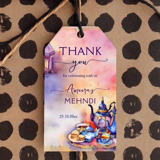 Étiquettes-cadeau Arabe thé turc fête mehndi henna merci (Mehndi favor gift tags template thank you favor tags henna mehandi gift tags Turkish tea themed)