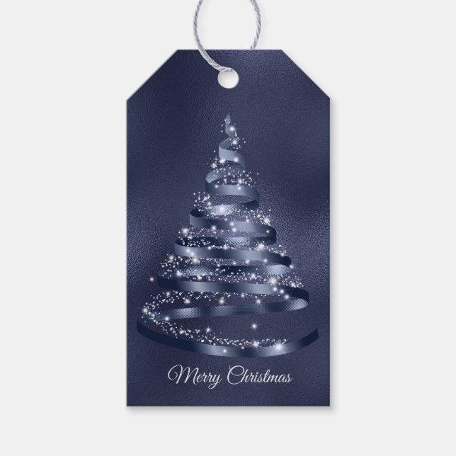 Étiquettes-cadeau Arbre à ruban bleu brillant de Noël (Devant)