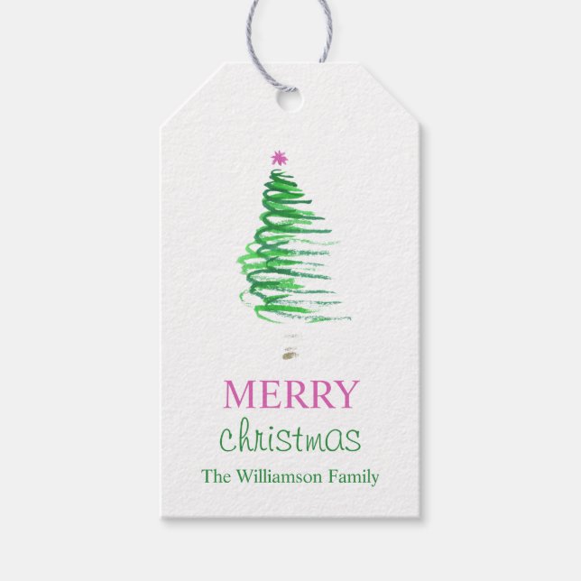 Étiquettes-cadeau Arbre de Noël à l'aquarelle moderne (Devant)