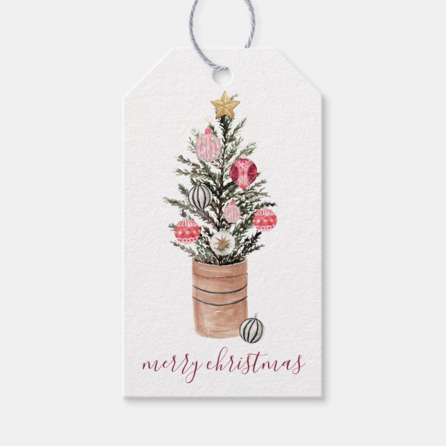 Étiquettes-cadeau Arbre de Noël aquarelle rustique (Devant)