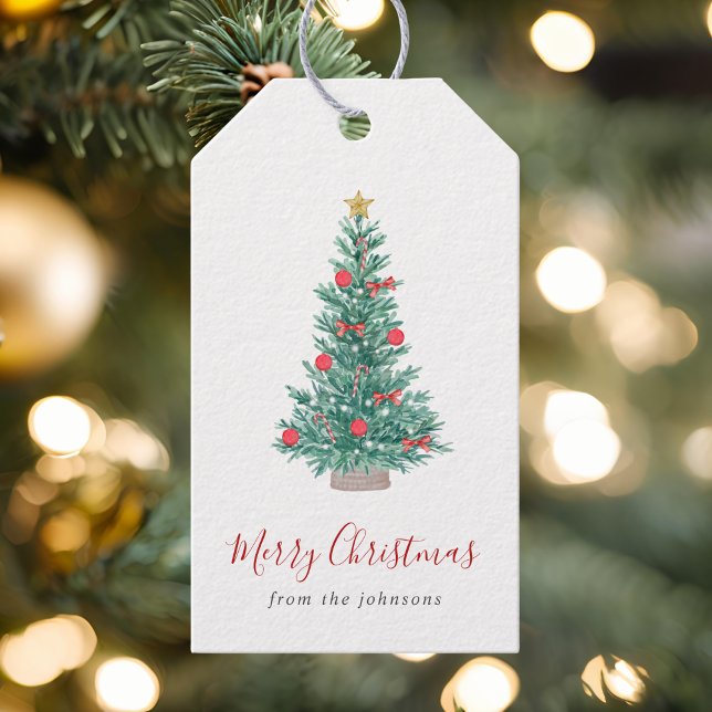 Étiquettes-cadeau Arbre de Noël aquarelle simple Festif (Créateur téléchargé)