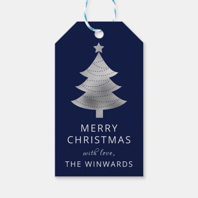 Étiquettes-cadeau Arbre de Noël bleu et argenté (Devant)