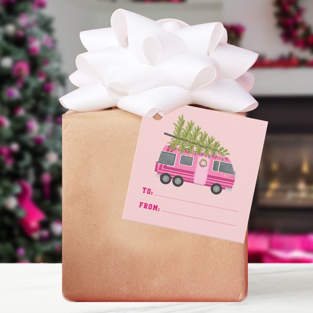Étiquettes Cadeau Arbre de Noël Camion RV Rose à De Rose (Créateur téléchargé)