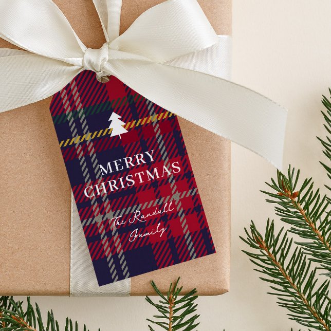 Étiquettes-cadeau Arbre de Noël carreauté moderne  (Rustic red plaid christmas tree gift tags.)