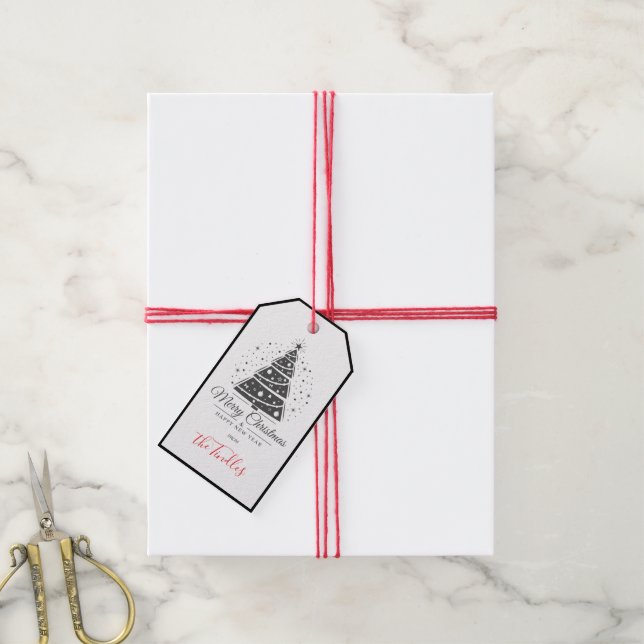 Étiquettes-cadeau Arbre de Noël chic élégant noir blanc script (Avec de la ficelle)