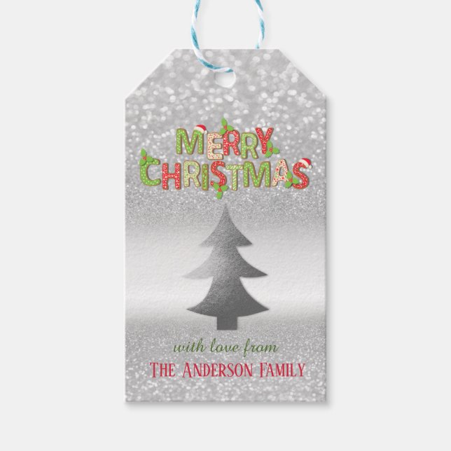 Étiquettes-cadeau Arbre de Noël Elegant Silver Bokeh (Devant)