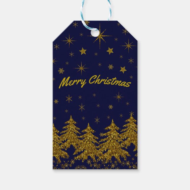 Étiquettes-cadeau Arbre de Noël en or brillant, étoiles, neige sur b (Devant)