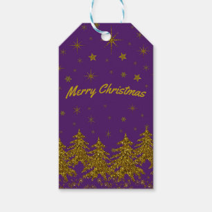 Étiquettes-cadeau Arbre de Noël en or brillant, étoiles, neige sur v