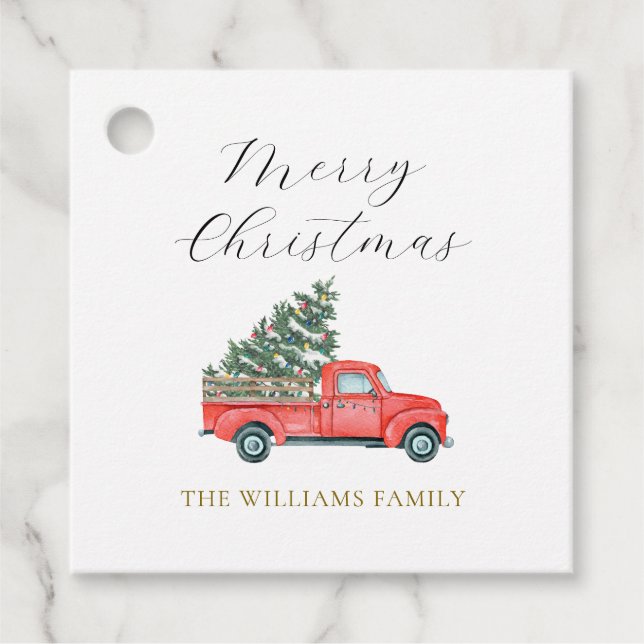 Étiquettes Cadeau Arbre de Noël et Camion Rouge Merry X-mas (Devant)