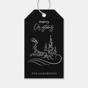 Étiquettes-cadeau Arbre de Noël et Renne Élégants et Modernes Joyeux