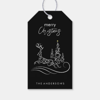 Étiquettes-cadeau Arbre de Noël et Renne Élégants et Modernes Joyeux
