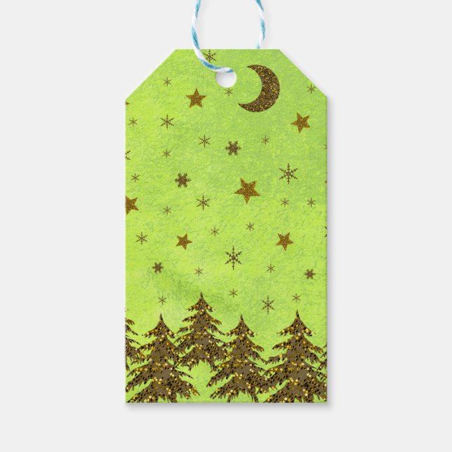 Étiquettes-cadeau Arbre de Noël étincelant, étoiles sur papier abstr (Devant)