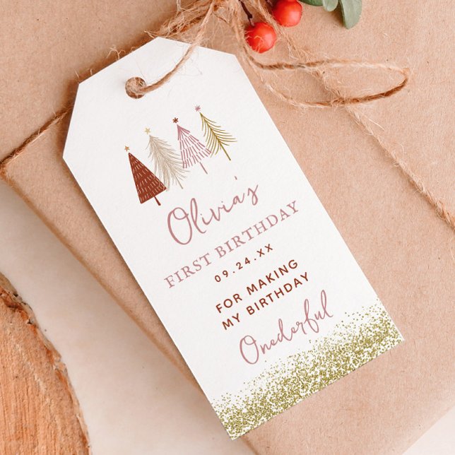 Étiquettes-cadeau Arbre de Noël Fille Hiver 1er Anniversaire Merci (Créateur téléchargé)