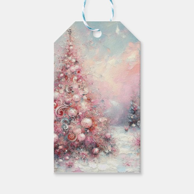 Étiquettes-cadeau Arbre de Noël impressionniste Whimsical bleu rose (Devant)