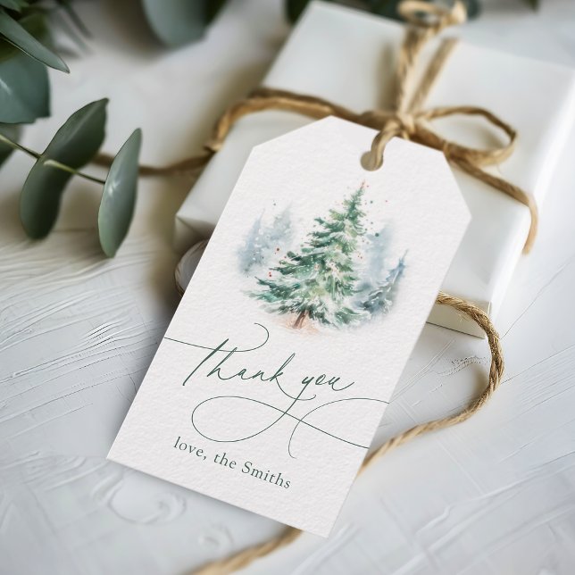 Étiquettes-cadeau Arbre de Noël Merci Écriture Moderne (Modern Script Christmas Tree Thank You Gift Tags)