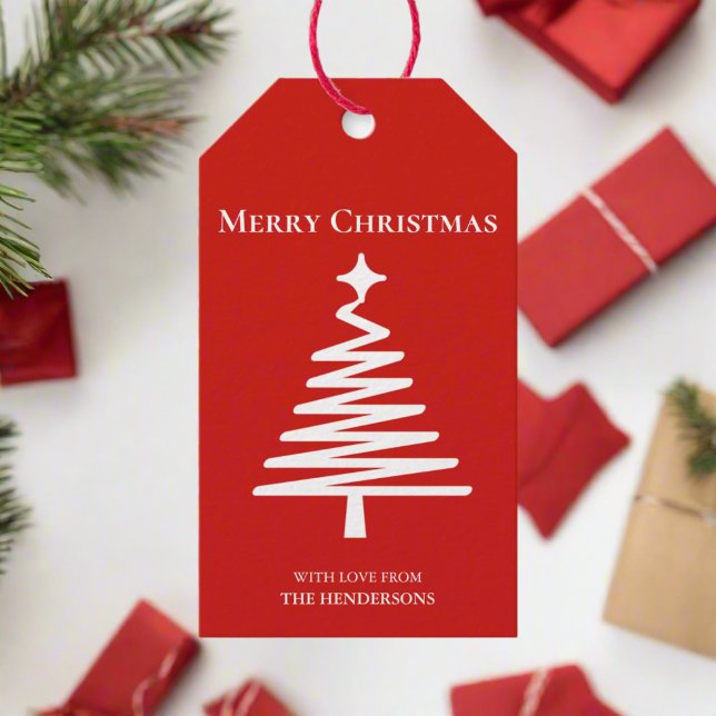 Étiquettes-cadeau Arbre de Noël minimal rouge et blanc (Créateur téléchargé)
