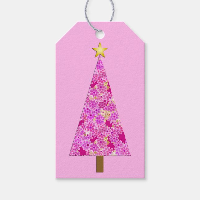 Étiquettes-cadeau Arbre de Noël moderne à fleurs magenta (Devant)