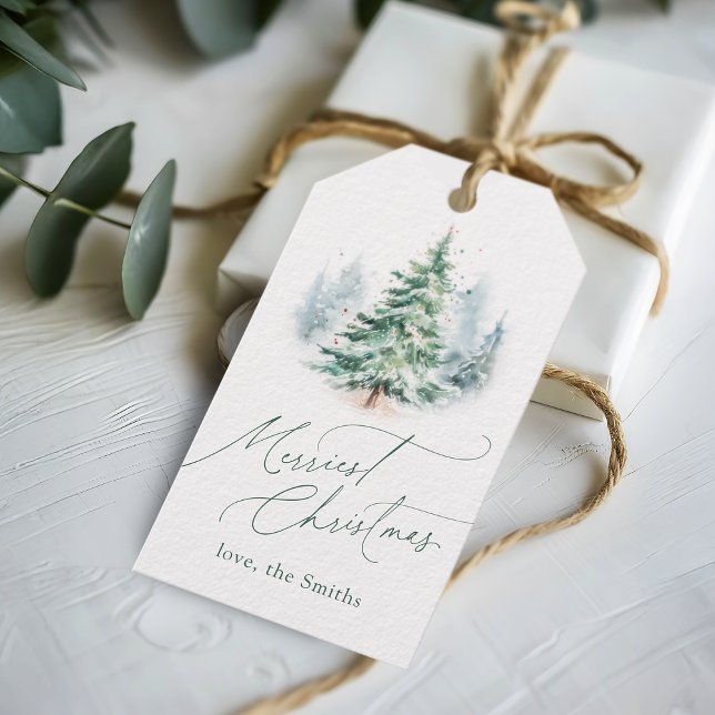 Étiquettes-cadeau Arbre de Noël moderne au script le plus joyeux (Modern Script Merriest Christmas Pine Tree Gift Tags)