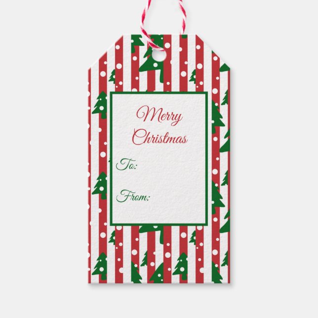Étiquettes-cadeau Arbre de Noël moderne motif rouge vert rayé (Devant)