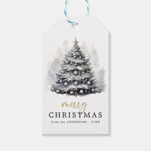 Étiquettes-cadeau Arbre de Noël noir et blanc moderne plissé