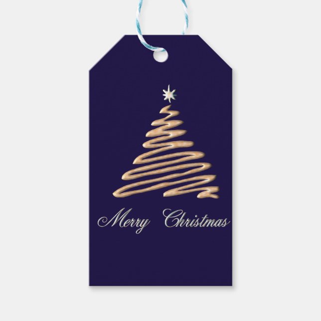 Étiquettes-cadeau Arbre de Noël or sur Arrière - plan de la Marine (Devant)