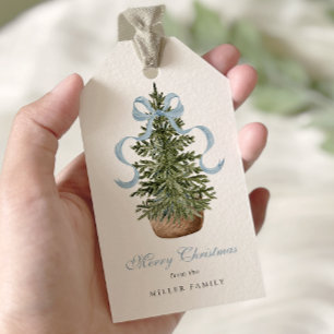 Étiquettes-cadeau Arbre de Noël Preppy Bow Bleu Noël