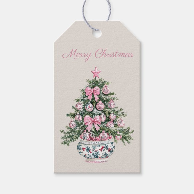 Étiquettes-cadeau Arbre de Noël Preppy Rose et Green Chinoiserie (Devant)