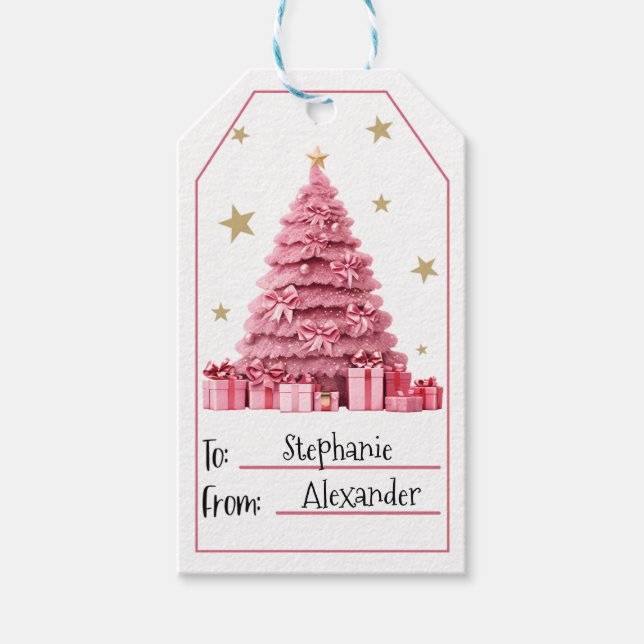 Étiquettes-cadeau Arbre de Noël rose (Devant)