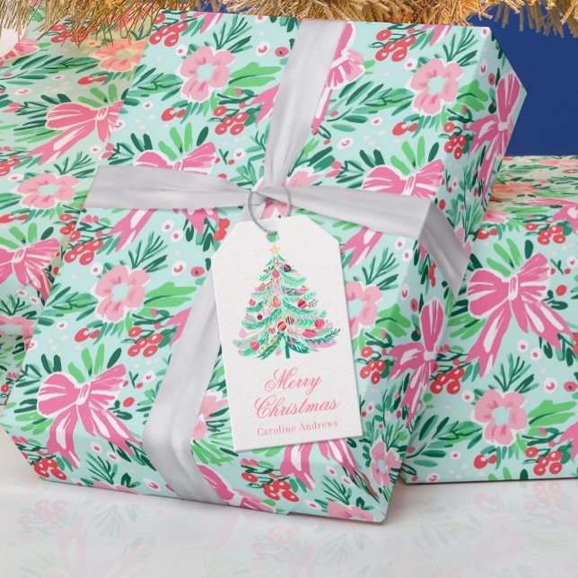 Étiquettes-cadeau Arbre de Noël rose et vert Preppy (Créateur téléchargé)