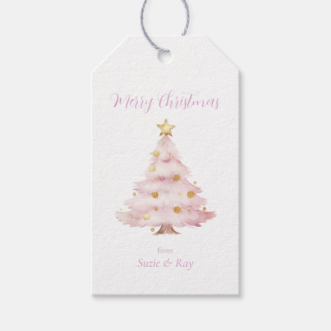 Étiquettes-cadeau Arbre de Noël rose étoiles d'or (Devant)