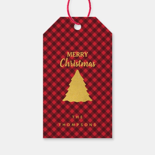 Étiquettes-cadeau Arbre de Noël Rouge et Noir Buffalo Plaid (Devant)
