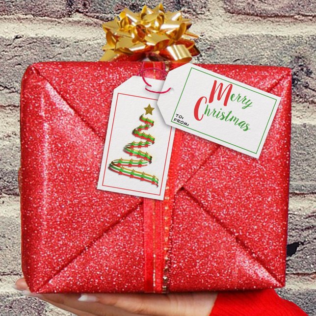 Étiquettes-cadeau Arbre de Noël Rouge Vert Or Abstrait Art (Créateur téléchargé)