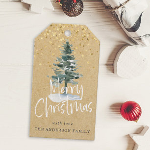 Étiquettes-cadeau Arbre de Noël rustique enneigé pour les fêtes