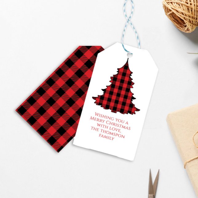 Étiquettes-cadeau Arbre de Noël Simple Cute Buffalo Check Motif (Simple Christmas tree buffalo check plaid pattern gift tag.)