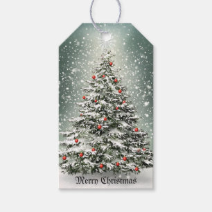 Étiquettes-cadeau Arbre de Noël vert Ornements colorés Neige blanche