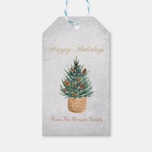 Étiquettes-cadeau Arbre de pin à l'aquarelle, cônes de pin neige