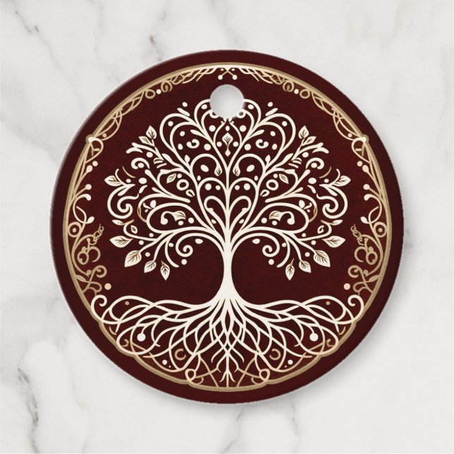 Étiquettes Cadeau Arbre de vie Rustique rouge foncé Mariage celtique (Devant)