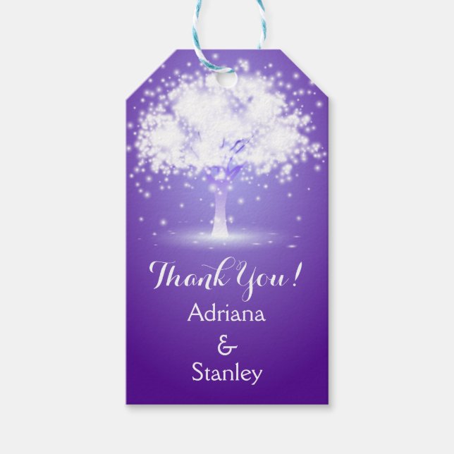 Étiquettes-cadeau Arbre et feux étincelants Merci mariage violet (Devant)