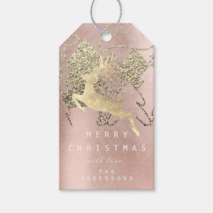 Étiquettes-cadeau Arbre rose de renne en métal de Noël d'or de