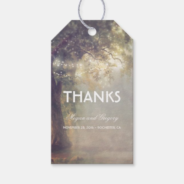 Étiquettes-cadeau Arbre rustique et lumières à cordes Mariage de rêv (Devant)