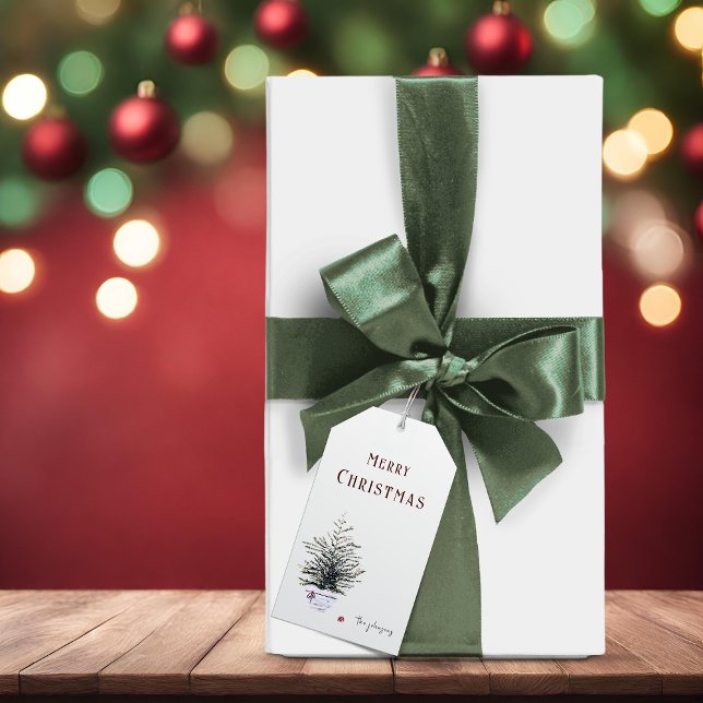 Étiquettes-cadeau Arbre rustique Joyeux Noël Aquarelle (Créateur téléchargé)