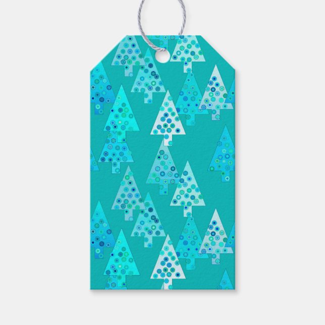 Étiquettes-cadeau Arbres de Noël à fleurs modernes - turquoise (Devant)