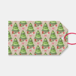 Étiquettes-cadeau Arbres de Noël décorés de fantaisie et vaches roug