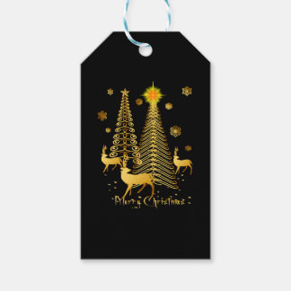 Étiquettes-cadeau Arbres de Noël d'or et rennes