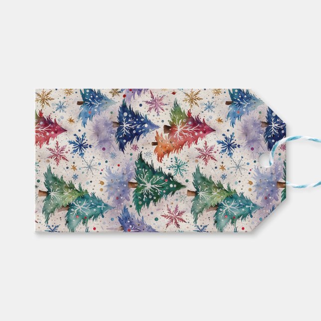 Étiquettes-cadeau Arbres de Noël en neige colorée (Devant (Horizontal))
