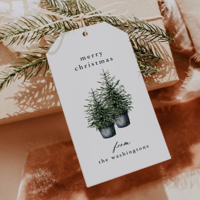 Étiquettes-cadeau Arbres de Noël en pot peints à la main pour les Fê (Elegant hand painted potted Christmas trees holiday gift tags.)